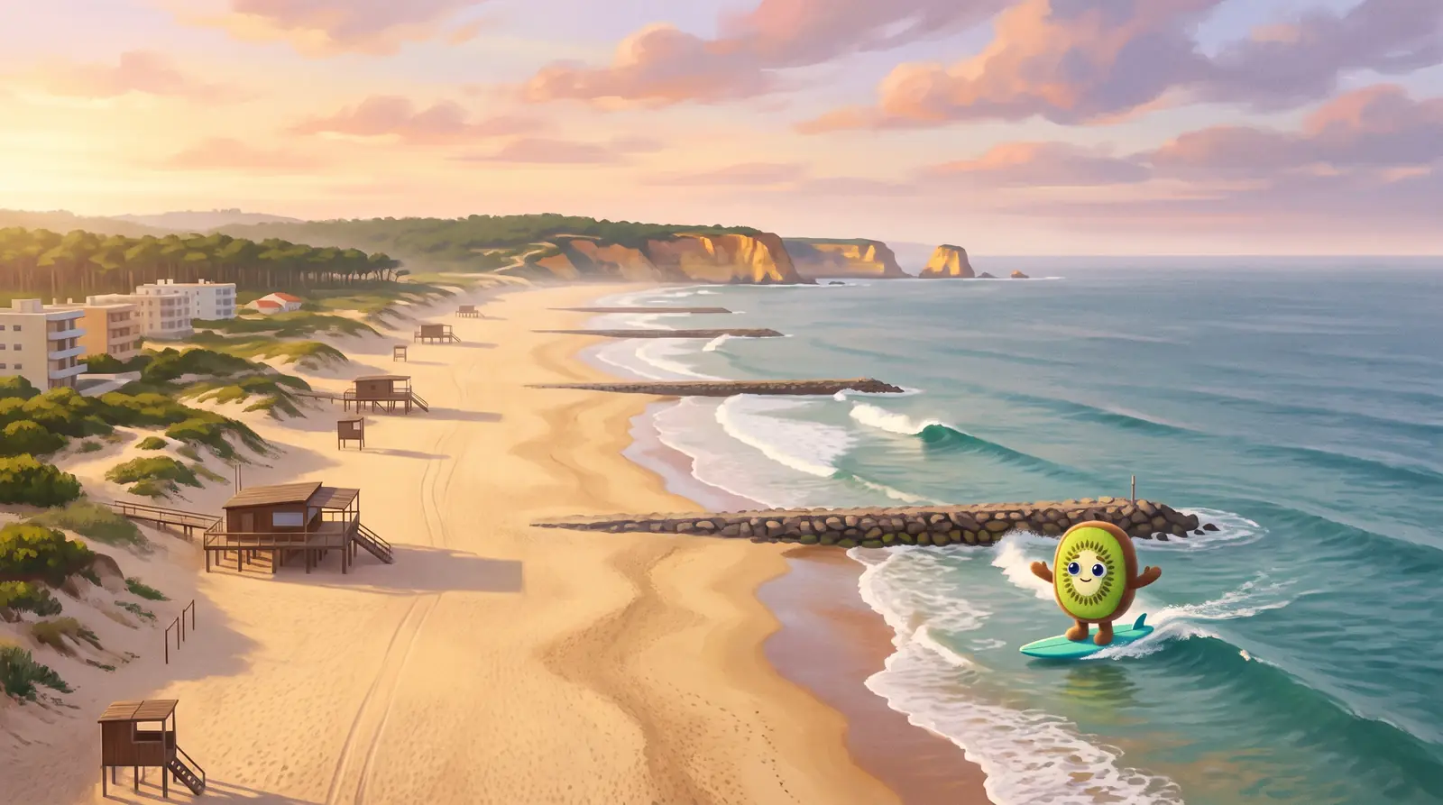 Illustration: Kiwi, a plush kiwi fruit, surfing a small wave beside a stone groyne on the long Caparica beach at dawn, with the cliffs of Fonte da Telha far to the south