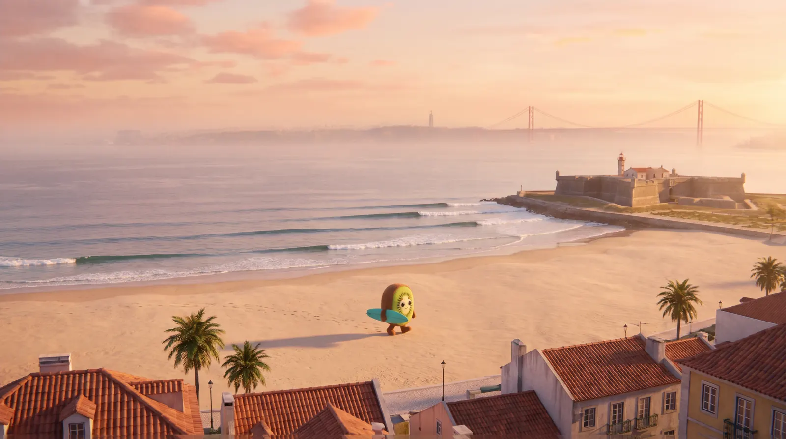 Illustration: Kiwi, a plush kiwi fruit, walks across the wide sand at Carcavelos with a turquoise surfboard, palm trees and terracotta roofs in front, small clean waves rolling in, the São Julião da Barra fort with its little lighthouse on the point and a red suspension bridge hazy on the horizon at golden hour