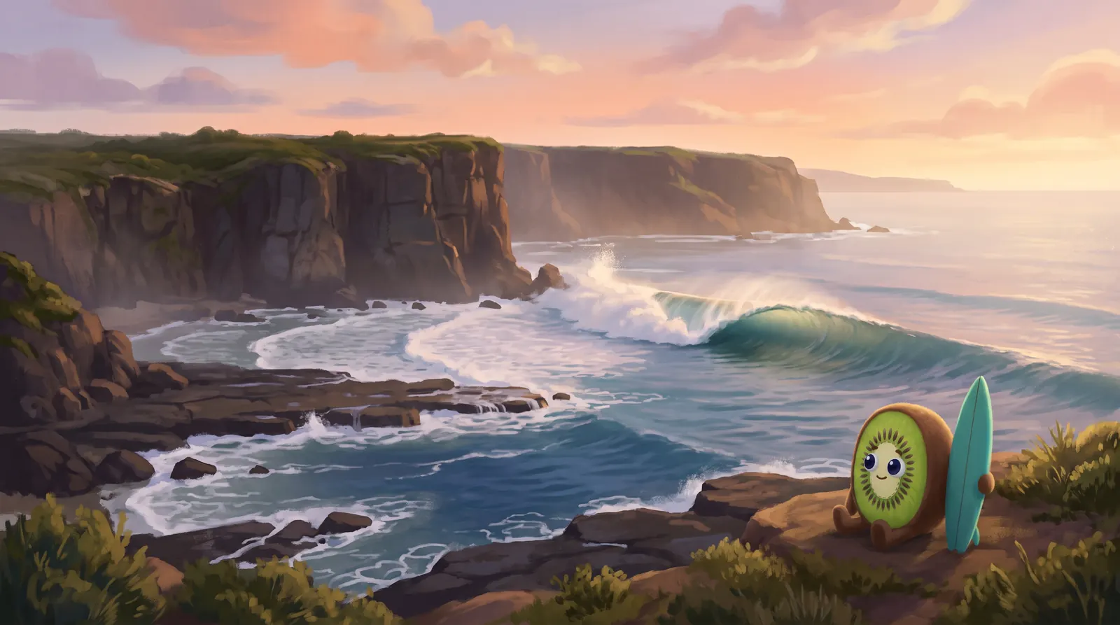Illustration: Kiwi, a plush kiwi fruit, sitting on the clifftop with a surfboard, watching a long right-hand wave peel over the reef in a small bay under tall cliffs