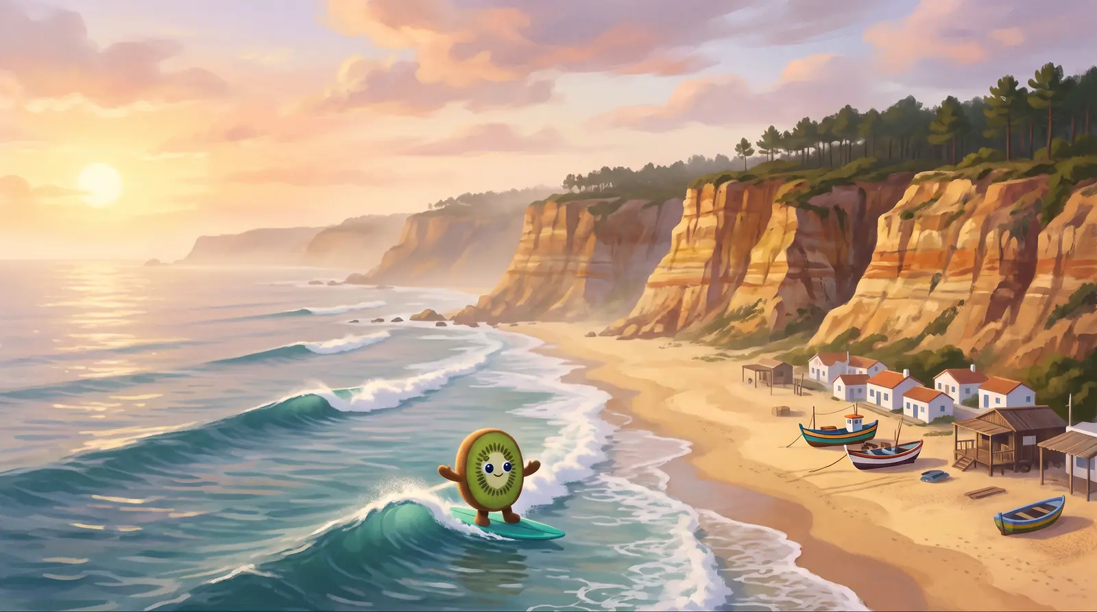 Illustration: Kiwi, a plush kiwi fruit, surfing a small peak at Fonte da Telha in golden evening light, with fishing boats and beach huts on the sand under the ochre Fossil Cliff and its pine forest