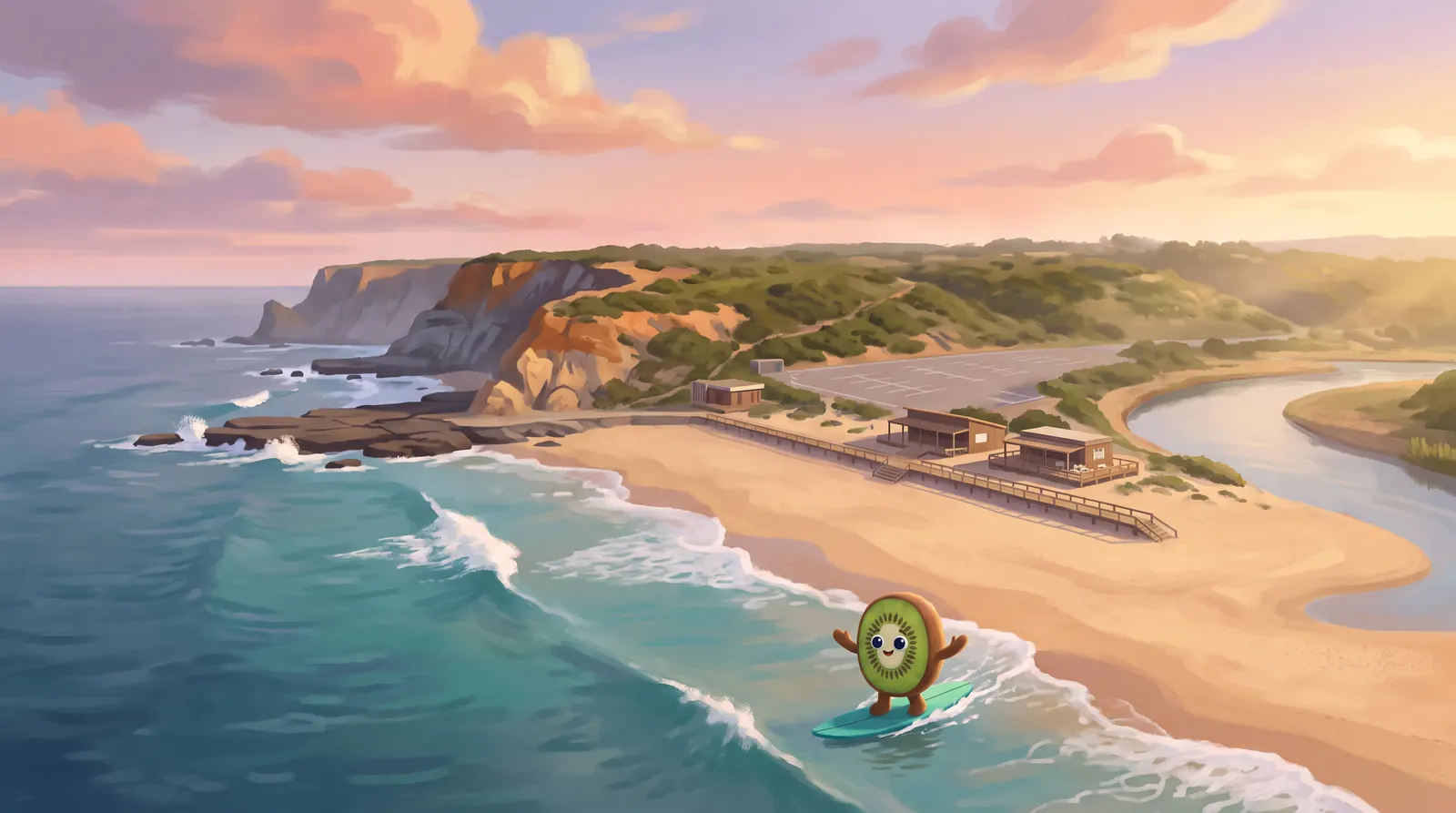 Illustration: Kiwi, a plush kiwi fruit, surfing a small wave on the wide sandy beach where the Lizandro river meets the sea, with the river bending behind the sand and cliffs to the north