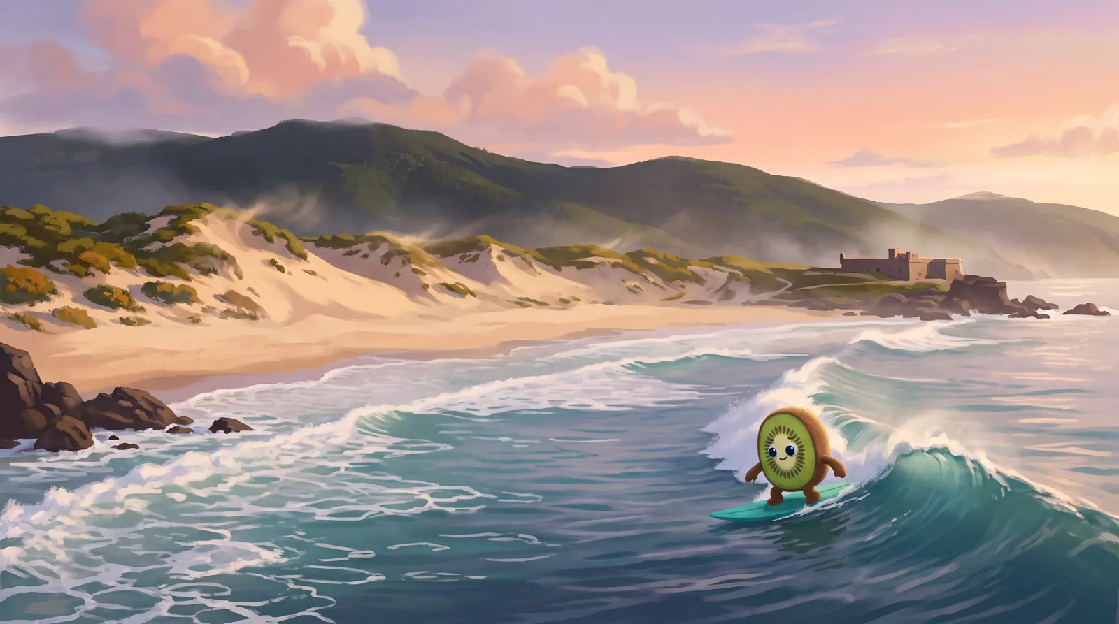 Illustration: Kiwi, a plush kiwi fruit, surfing a clean morning wave at Guincho, with tall wind-blown dunes, the green Serra de Sintra in the haze and a small old stone fort on the rocks at the far end of the beach
