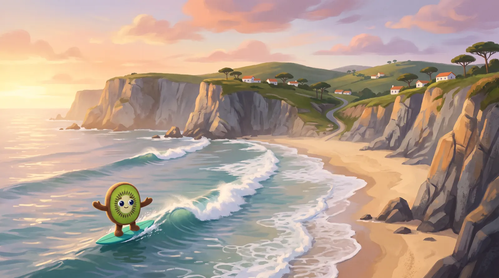 Ilustração: o Kiwi, um kiwi de peluche, a surfar uma onda limpa numa prancha turquesa na Praia Grande ao fim da tarde, por baixo de arribas altas cinzentas e ocre e de colinas verdes com casas brancas, telhados de telha e pinheiros-mansos