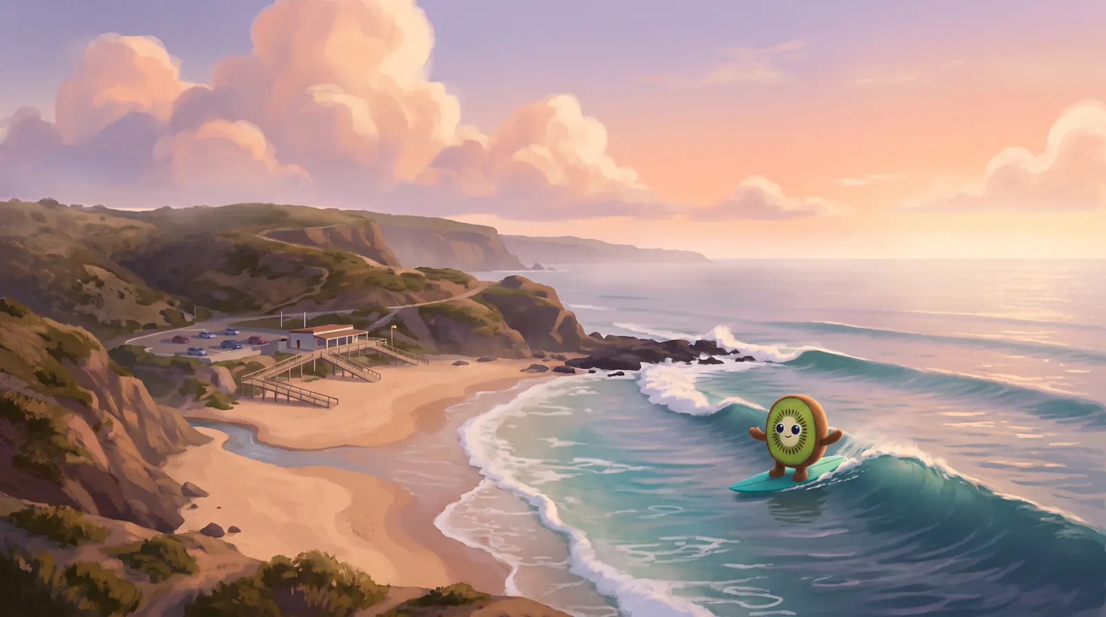 Illustration: Kiwi, a plush kiwi fruit, riding a long right-hand wave that peels off the reef into the bay at Ribeira d'Ilhas, with the car park and restaurant on the terrace above the beach