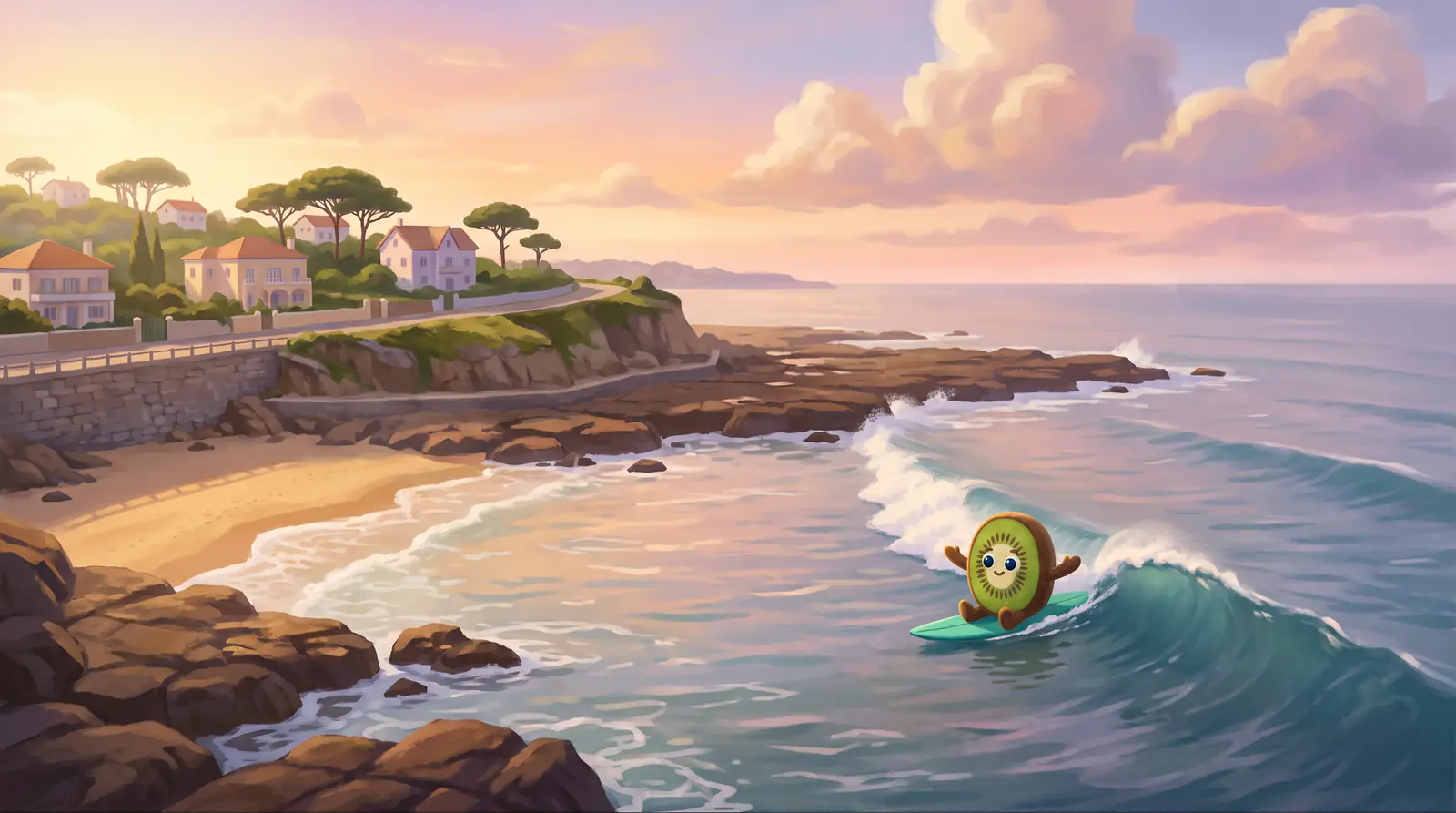 Illustration: Kiwi, a plush kiwi fruit, riding a long clean wave over a flat rock reef in a small sandy cove on the Estoril coast at sunrise, with a sea wall, villas and umbrella pines on the hill behind