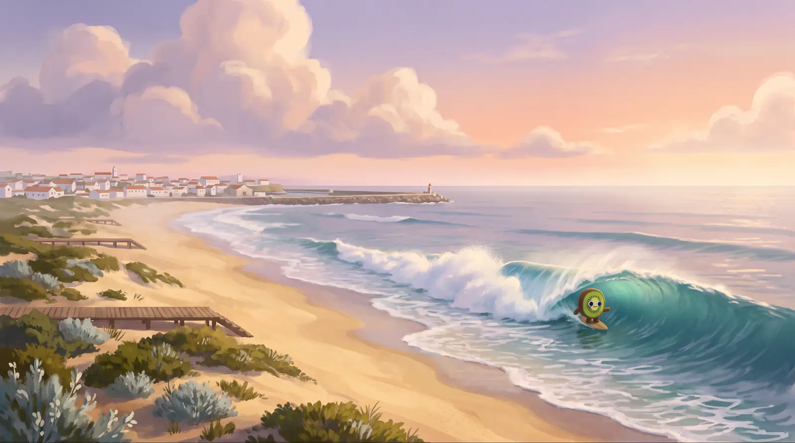 Illustration: Kiwi, a plush kiwi fruit, tucked inside a big hollow barrel at Supertubos at dawn, with dunes and boardwalks on the left and the white town of Peniche and its harbour lighthouse in the distance